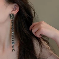 luxury black oval crystal tassel drop earrings for women elegant female brilliant accessories girl lady party fashion jewelry