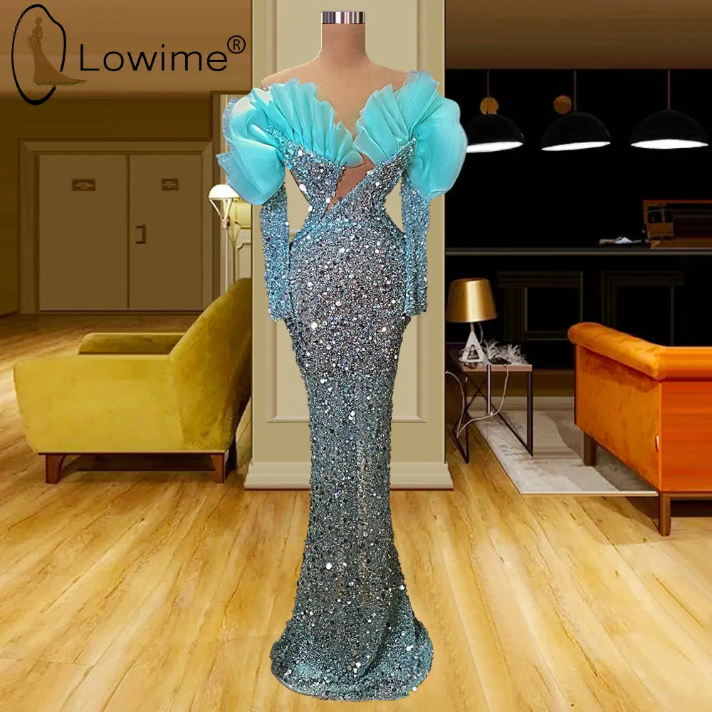 

Женское вечернее платье с блестками, светло-голубое платье с открытыми плечами и длинными рукавами, платье русалки для свадьбы, 2022
