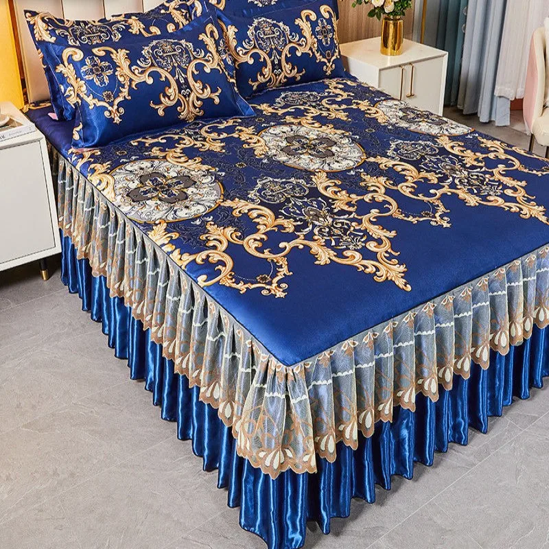 

Королевский синий постельное белье, складное постельное белье, модное постельное белье, золотые кружевные простыни, машинная стирка, посте...
