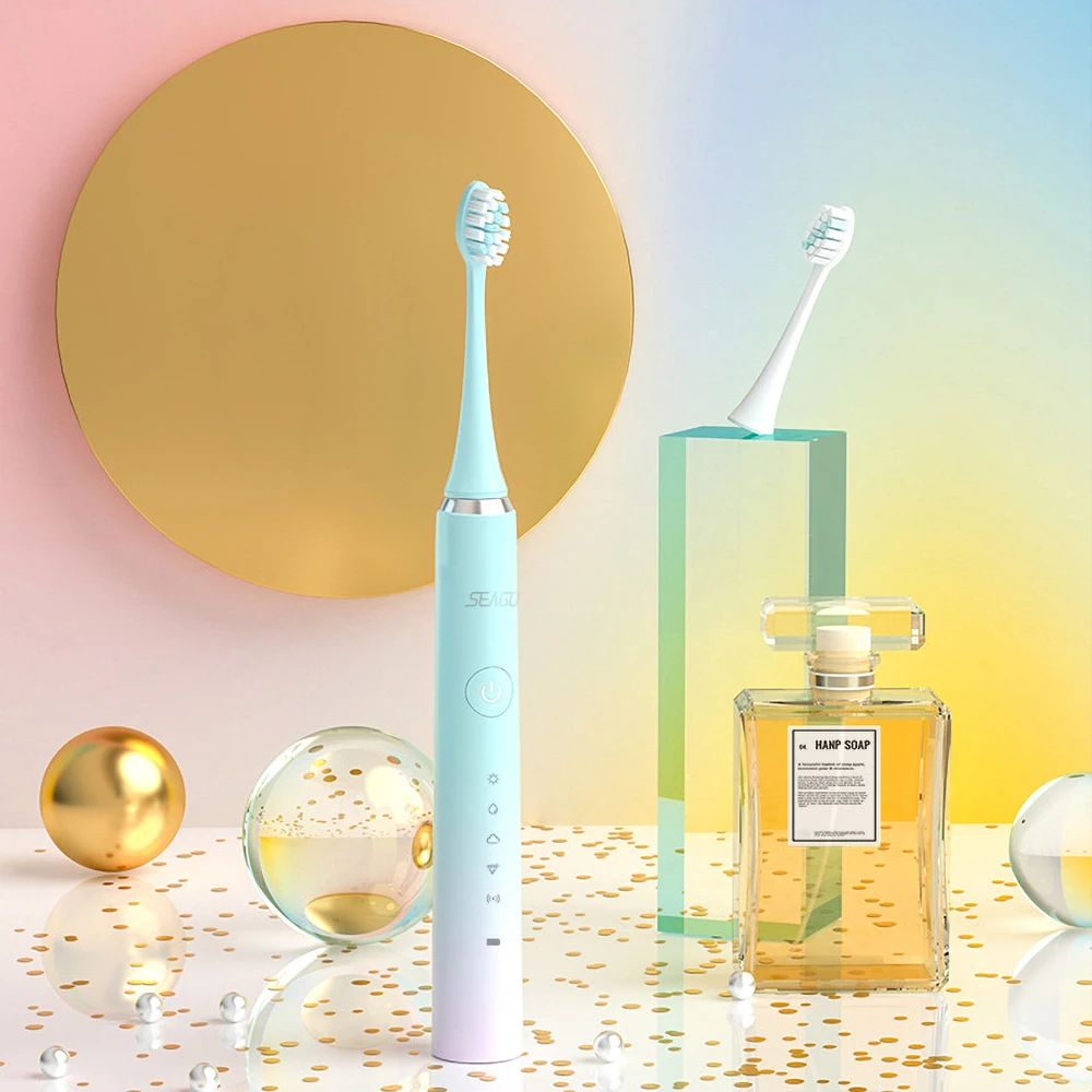 

Seago Usb Rechargeable Sonic Electric Toothbrush With 5 Replace Brush Head 5 Gear Mode Waterproof Fast Charging Adult Couple Gif