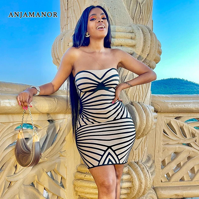 

ANJAMANOR Sexy Dresses for Night Club Outfits Summer 2022 Fashion Striped Geometric Printed Tube Top Bodycon Mini Dress D85-BZ14