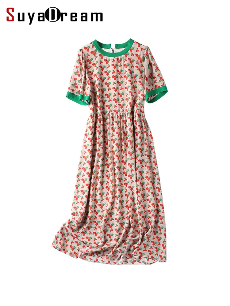 

SuyaDream Woman Floral Long Dress 100%Real Silk O Neck A-Line Printed Dresses 2022 Summer Holiday Clothes