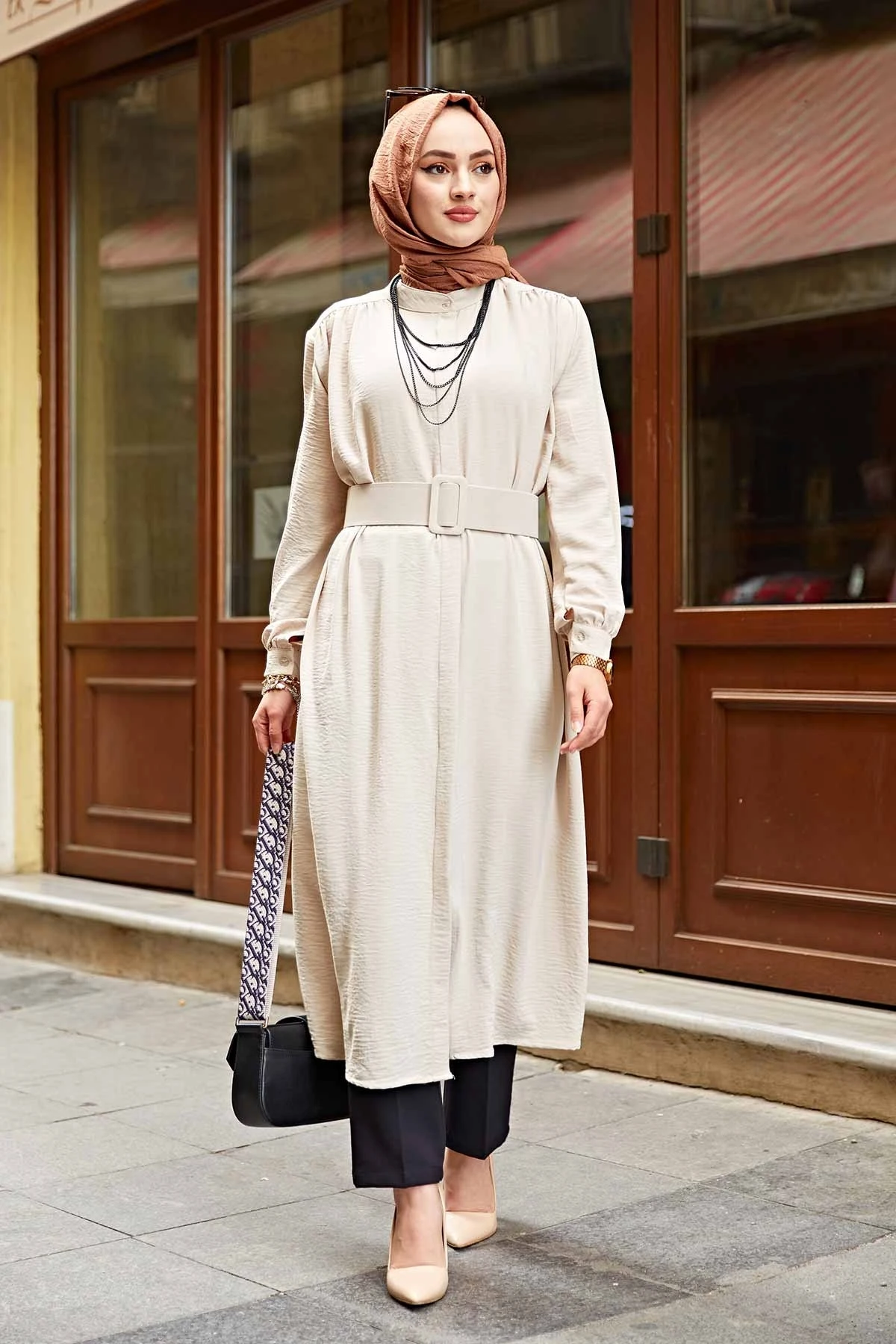 Kemerli Long Tunic-Beige Winter Autumn 2021 Muslim Women Hijab headscarf Islamic Turkey