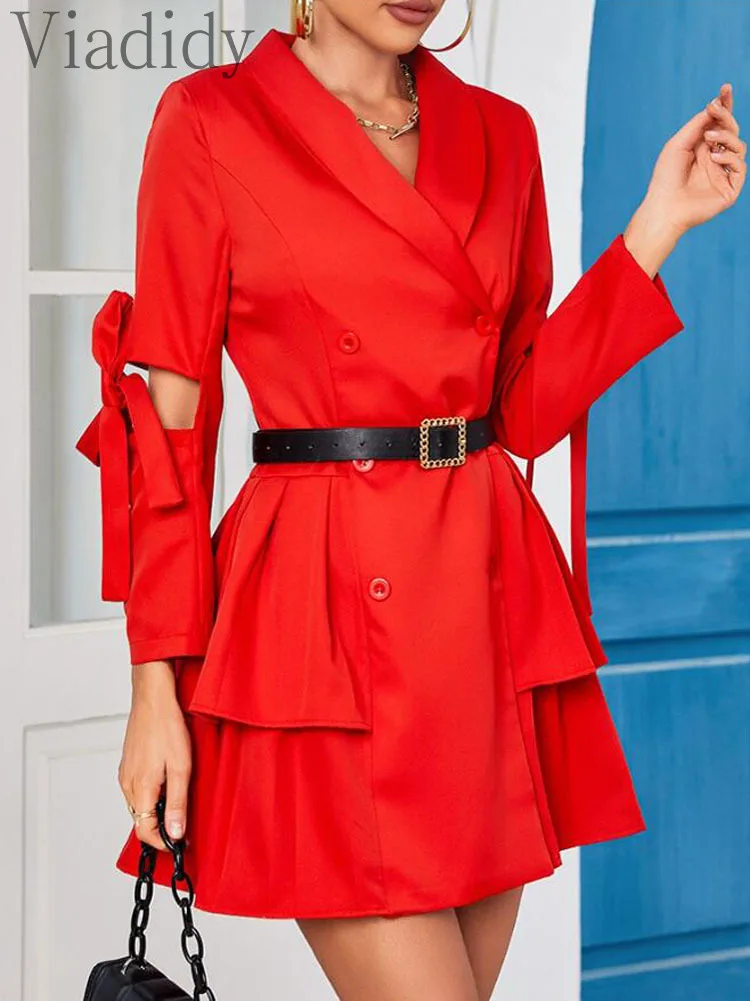 

Women Elegant Solid Color Hollow Out Tied Detail Ruffles Decor Blazer Dress