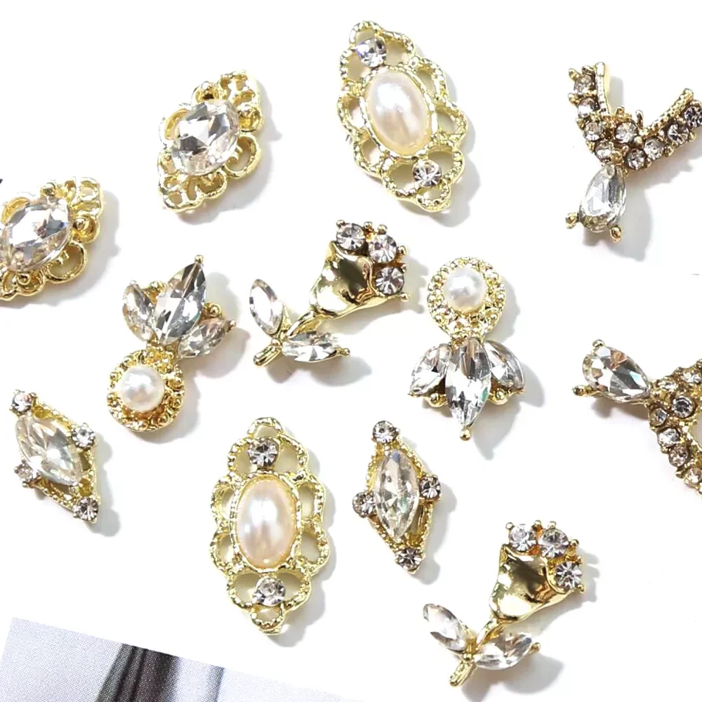 

Gold Rose Alloy Rhinestone Nail Charms Valentine'S Day Limited Decor Luxury Pearl Diamond Design 3D Nail Art Accessories 1