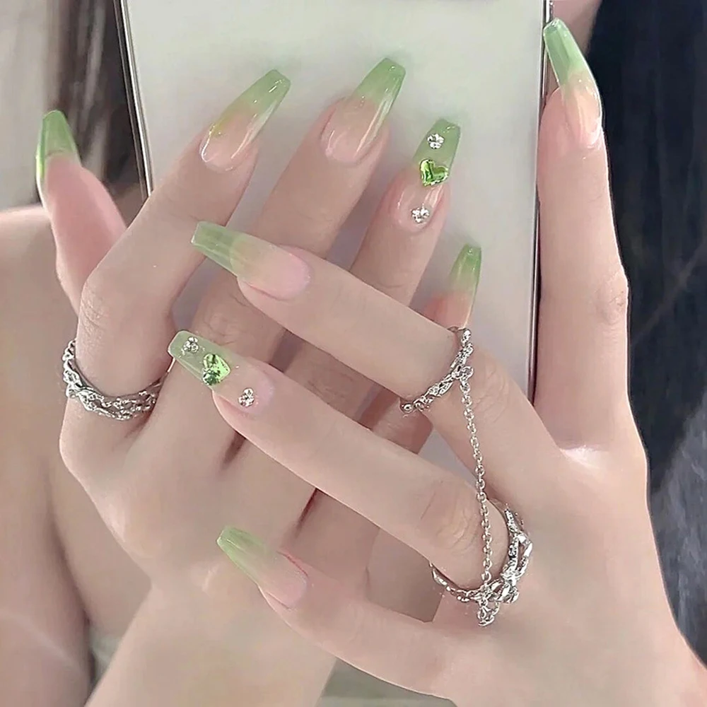 

Накладные ногти градиентные зеленые, 24 шт., накладные ногти 3D Love diamond для женщин и девушек, накладные ногти, искусственные ногти с полной отделкой