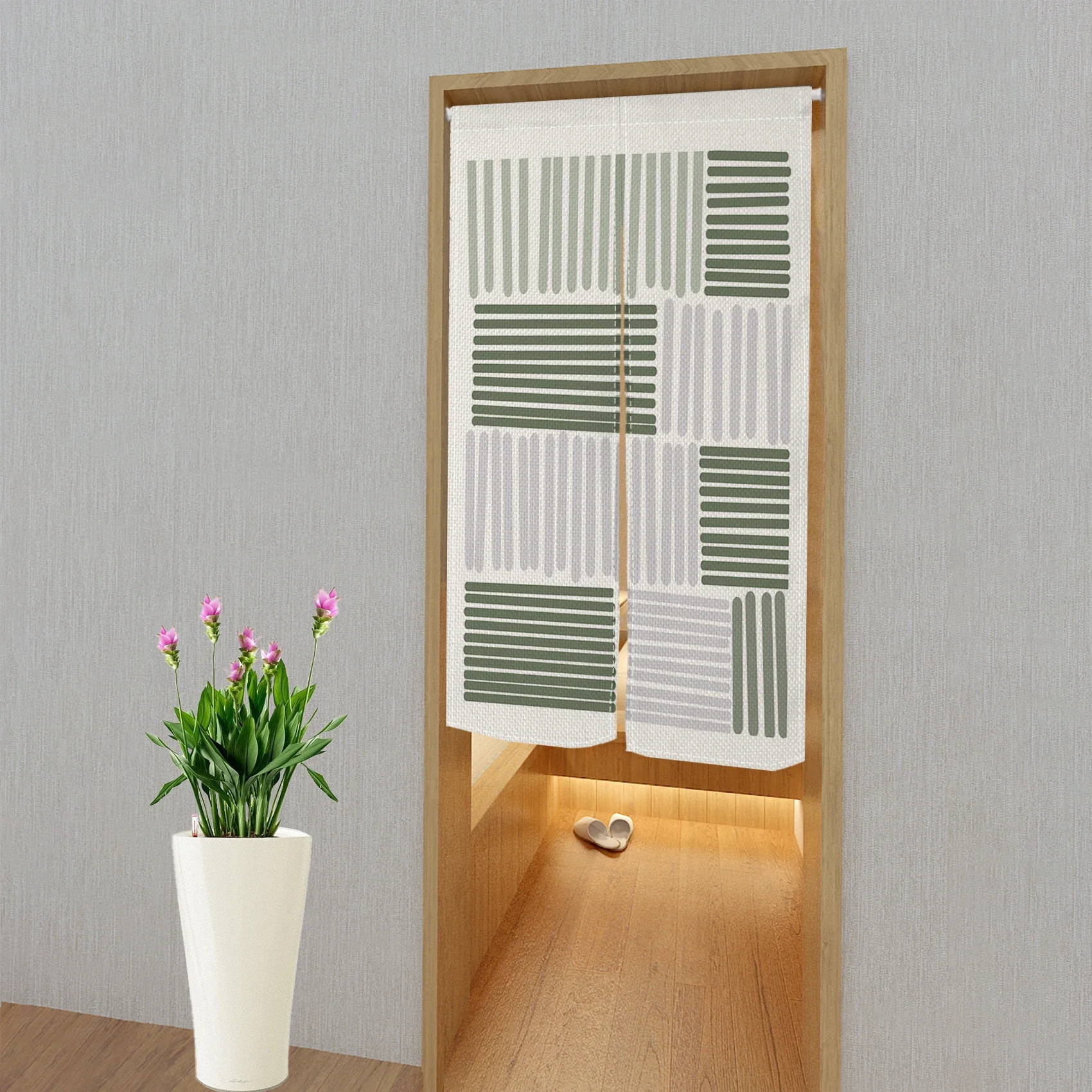 Простые японские дверные занавески с зелеными линиями Короткие непрозрачные