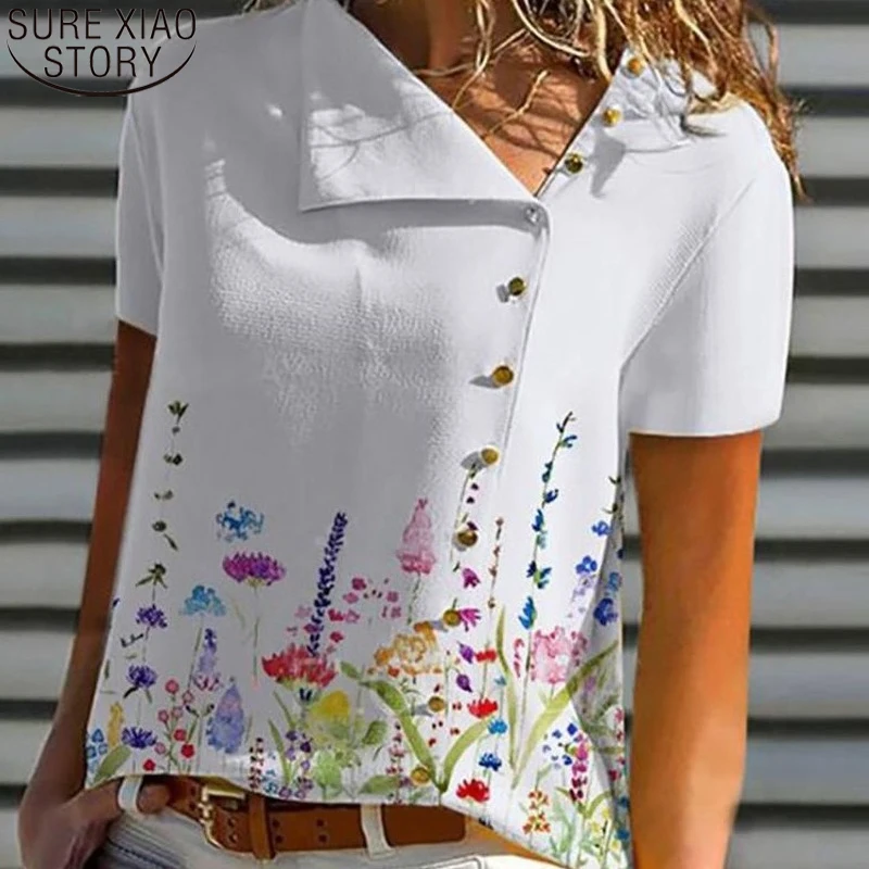 

White Blouse Fresh Fashion Elegant Print Polka Dot Short Sleeve Shirt Sweet Turn Down Collar Button Loose Casual Clothes 20729