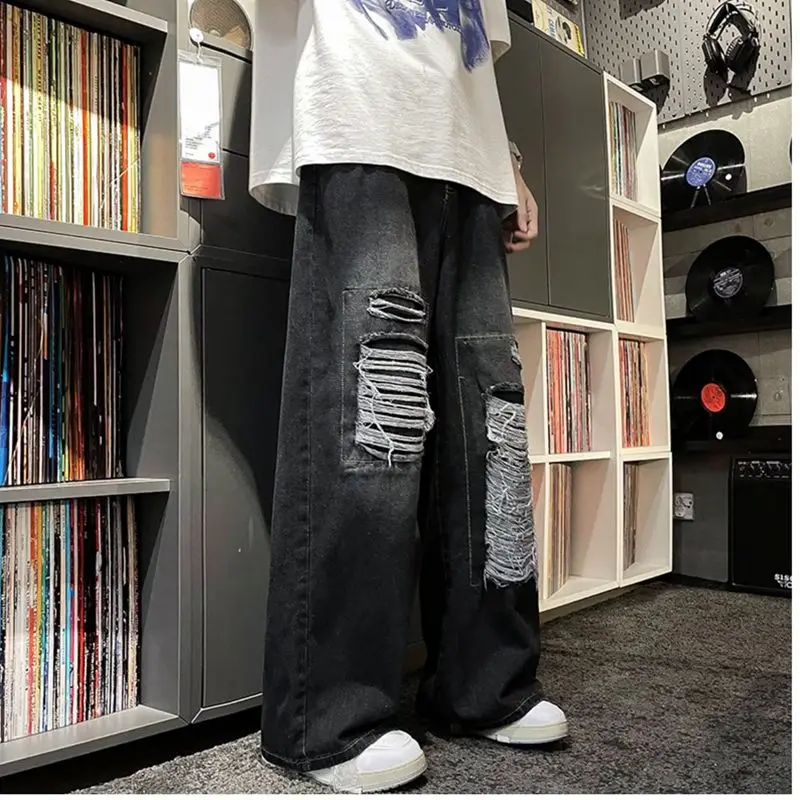 y2k Jeans 2023 New Korean Edition Broken Hole Design Senses the Streetwear hip hop  Wide Leg Jean for Men Straight Male Trousers