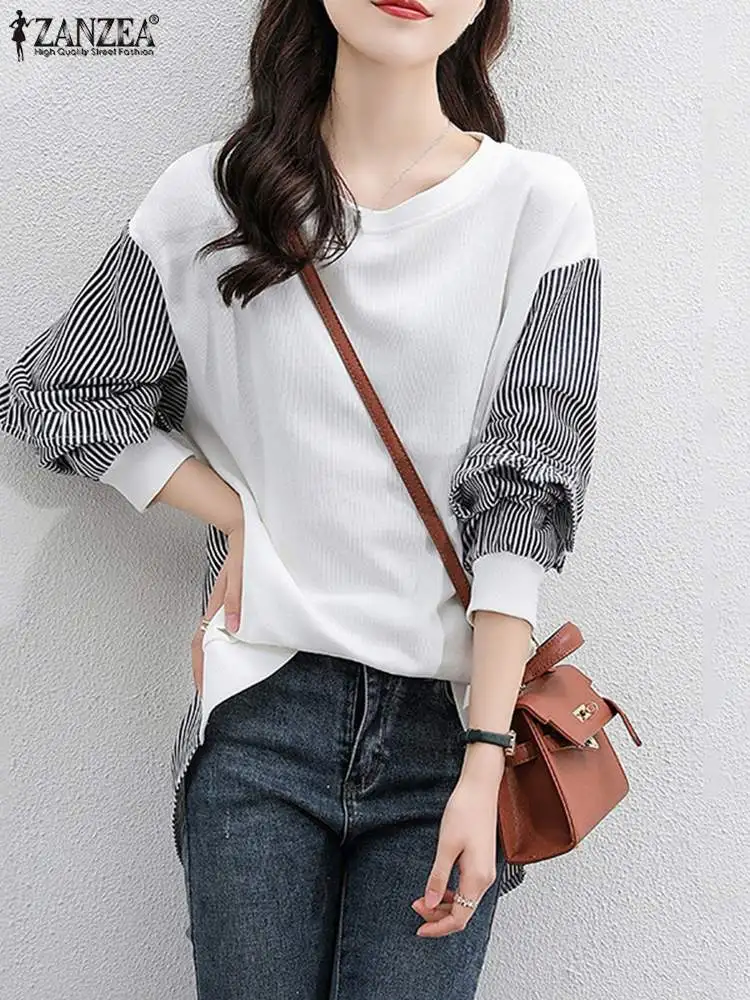 

Female O-Neck Vintage Casual Holiday Pullover Tops 2022 ZANZEA Women Spring Long Sleeve Blouse Striped Patchwork Oversized Loose
