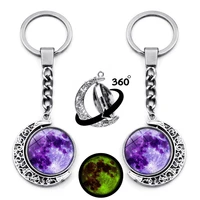 glow in the dark solar system planet pendant keychain fluorescent double sided glass rotating moon key ring jewelry for women