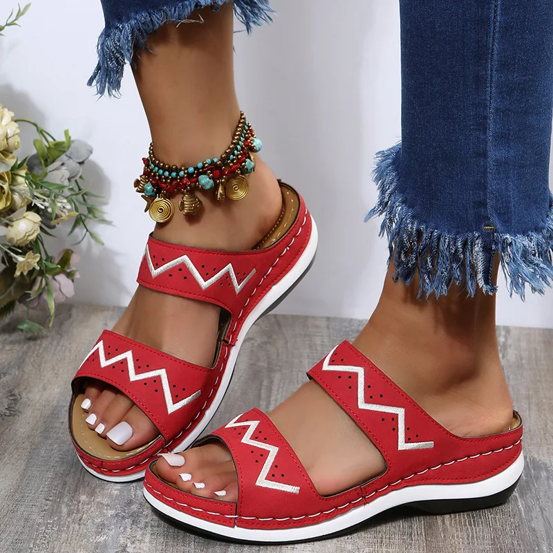 Women Slippers Retro Summer Shoes Wedge Women Sandals 2023 Simple Embroidery Platform Beach Slippers Open Toe Slip on Sandalias