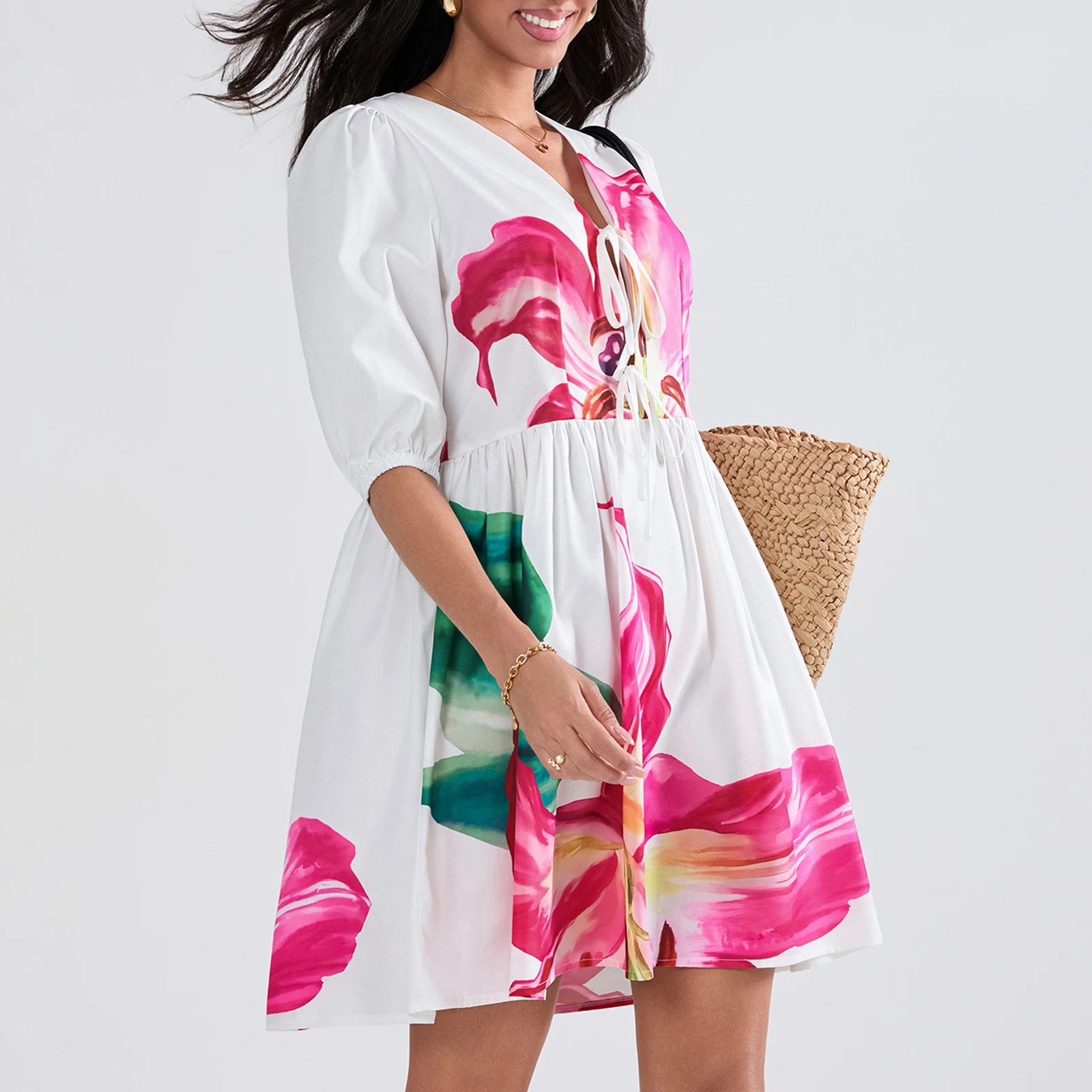 Женское летнее платье-трапеция с цветочным принтом коротким рукавом-фонариком