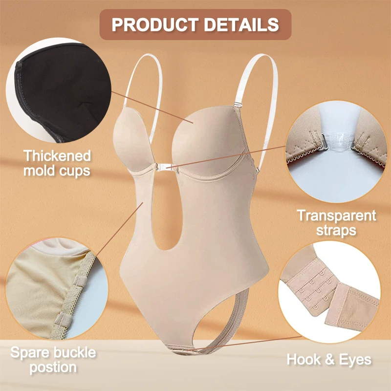 Bodysuit Shapewear Women Deep V-Neck Body Shaper Backless U Plunge Thong Shapers Waist Trainer Women Clear Strap Push Up Corset