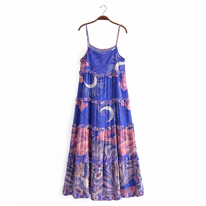 

Summer Bohemian Vintage Suspenders Round Neck Print Long Dress 2022 Women's Sexy Chic Loose Rayon Casual Chic Flowers Vestidos