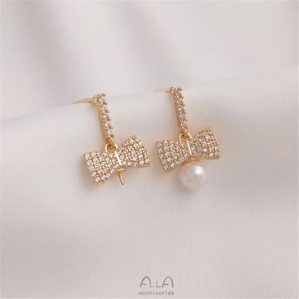

14K gold gold color micro-inlaid zircon bow bead stud 925 silver pin diy adhesive crystal pearl earpiece