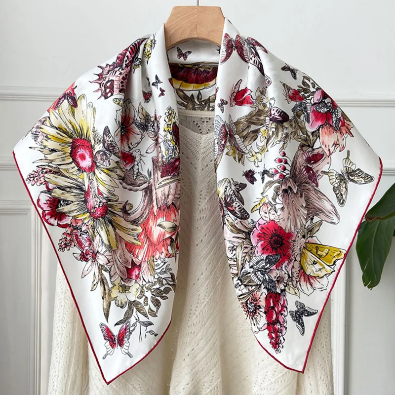 

18mm Luxury 100% Silk Scarf Shawl Foulard Double Side Butterfly Print Women Fashion Square Scarves Wraps 88*88cm