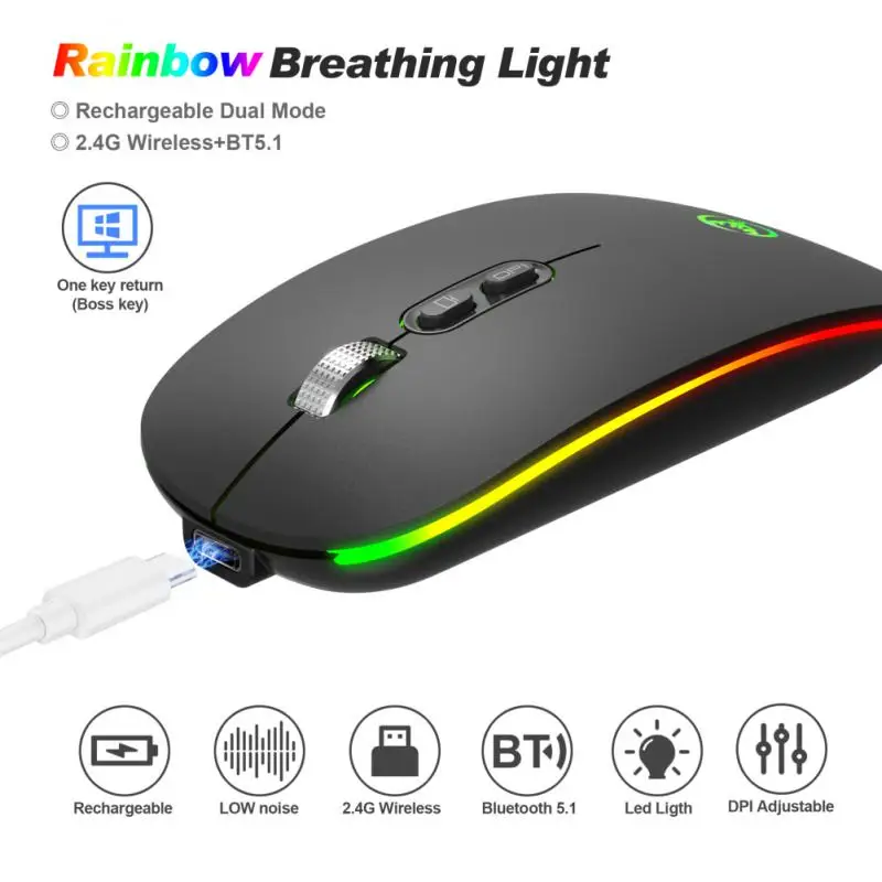 

Bluetooth-совместимая Беспроводная с USB перезаряжаемая мышь RGB BT5.1 для ноутбука, ПК, Macbook, игровая мышь 2,4 ГГц 1600DPI