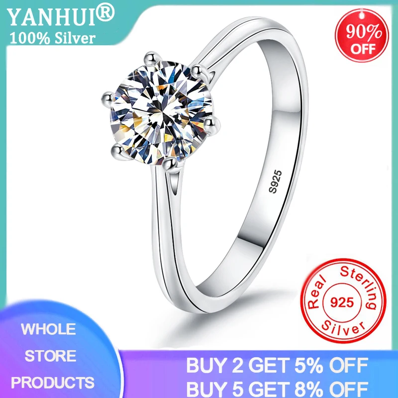 

With Certificate Tibetan Silver S925 Solitaire 6.5mm 1 Carat Zirconia Diamond Engagement Wedding Rings Jewelry For Women R456