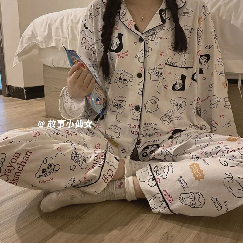 Sanrio Melody Kuromi Disney Stitch Comfortable Korean Girl Pyjamas Autumn Winter Cute Cartoon Home Clothes Lady Nightwear Suit