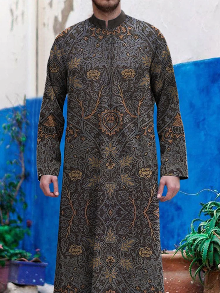 Ramadan Eid Men Loose Casual Stand Collar Print Pattern African Robe Shirt Men's Thobe Robe Muslim Pakistan Abaya Man Clothing