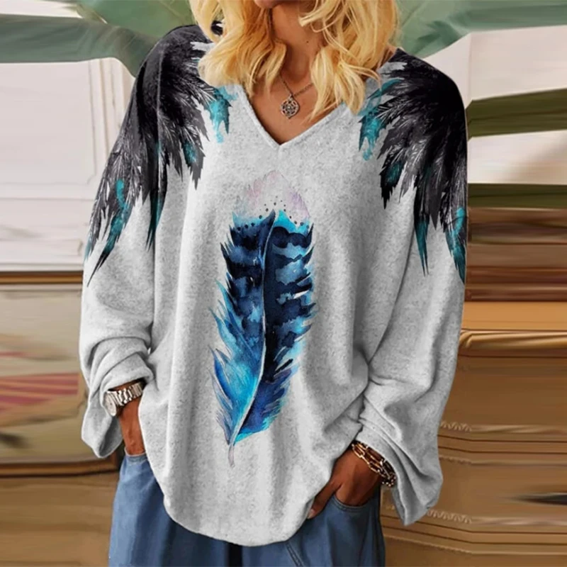 

New Autumn Vintage Angel Wings Printed T-shirts Women V-Neck Casual Long Sleeve Tops Lady Harajuku Pattern Loose Tee Shirt Blusa
