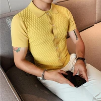 2022 plaid knitted polo shirts men short sleeve breathable slim ice silk polo hombre single breasted lapel casual tee tops 3xl