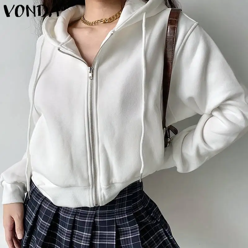 

2022 VONDA Women Zip Up Long Sleeve Short Jackets Korean Coats Ladies 3 Colors Lantern Sleeve Spring Outerwear Oversized