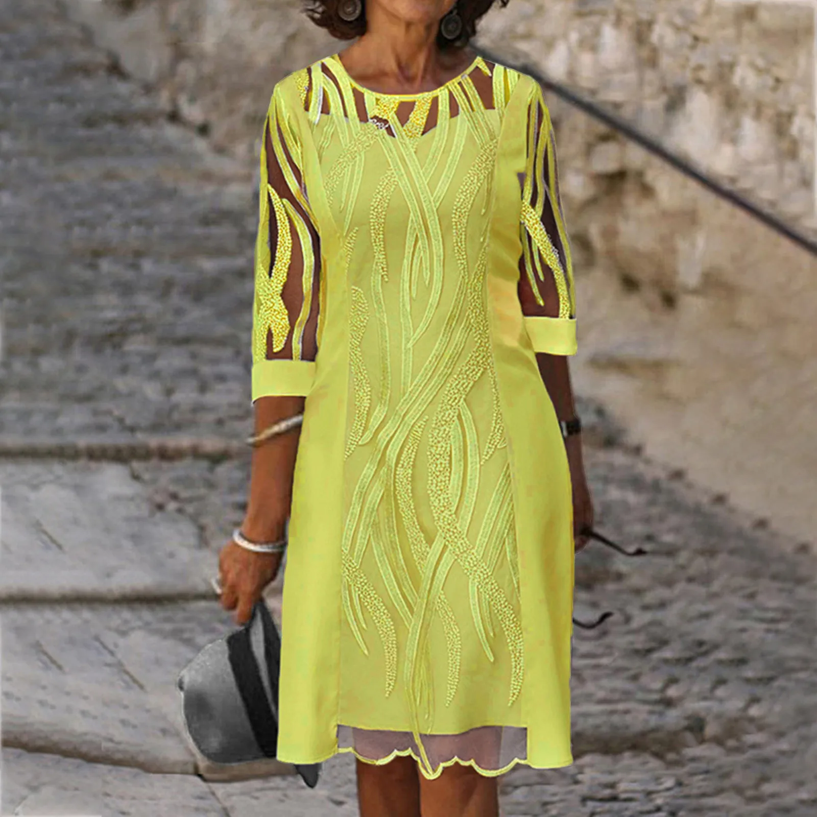 

See-through Patchwork Lace Women Fashion O Neck Summer Half Sleeve Casual Dress Loose Dress Sexy Party Dress 2022 New Robe Femme