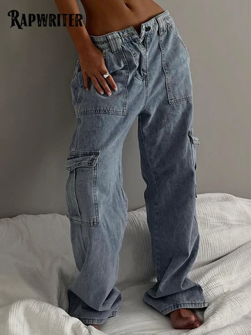 Rapwriter Denim Cargo Pants Women 90s Jeans For Girls Female Fashion 2022Vintage High Waisted Trouser Harajuku Capris Streetwear