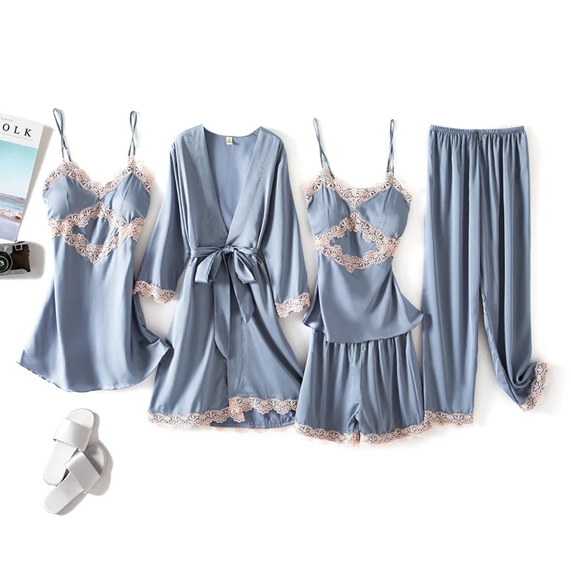 

FAKUNTN Pajamas Women 'S Spring And Summer Sexy Ice Silk Five-Piece Set Padded Strap Shorts Thin Suit Homewear