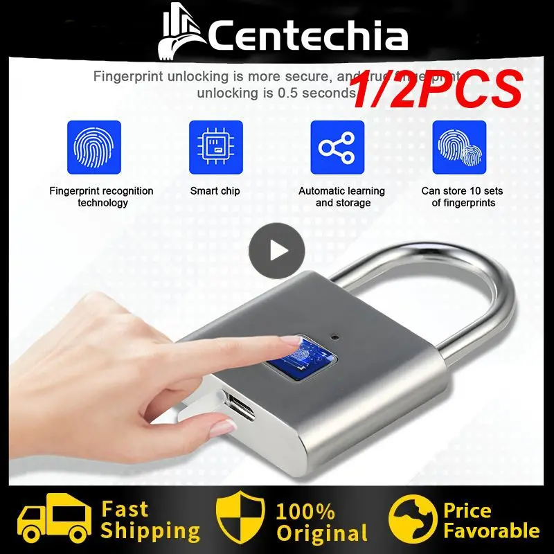 

1/2PCS Black silver Keyless USB Rechargeable Door Lock Fingerprint Smart Padlock Quick Unlock Zinc alloy Metal Self Developing