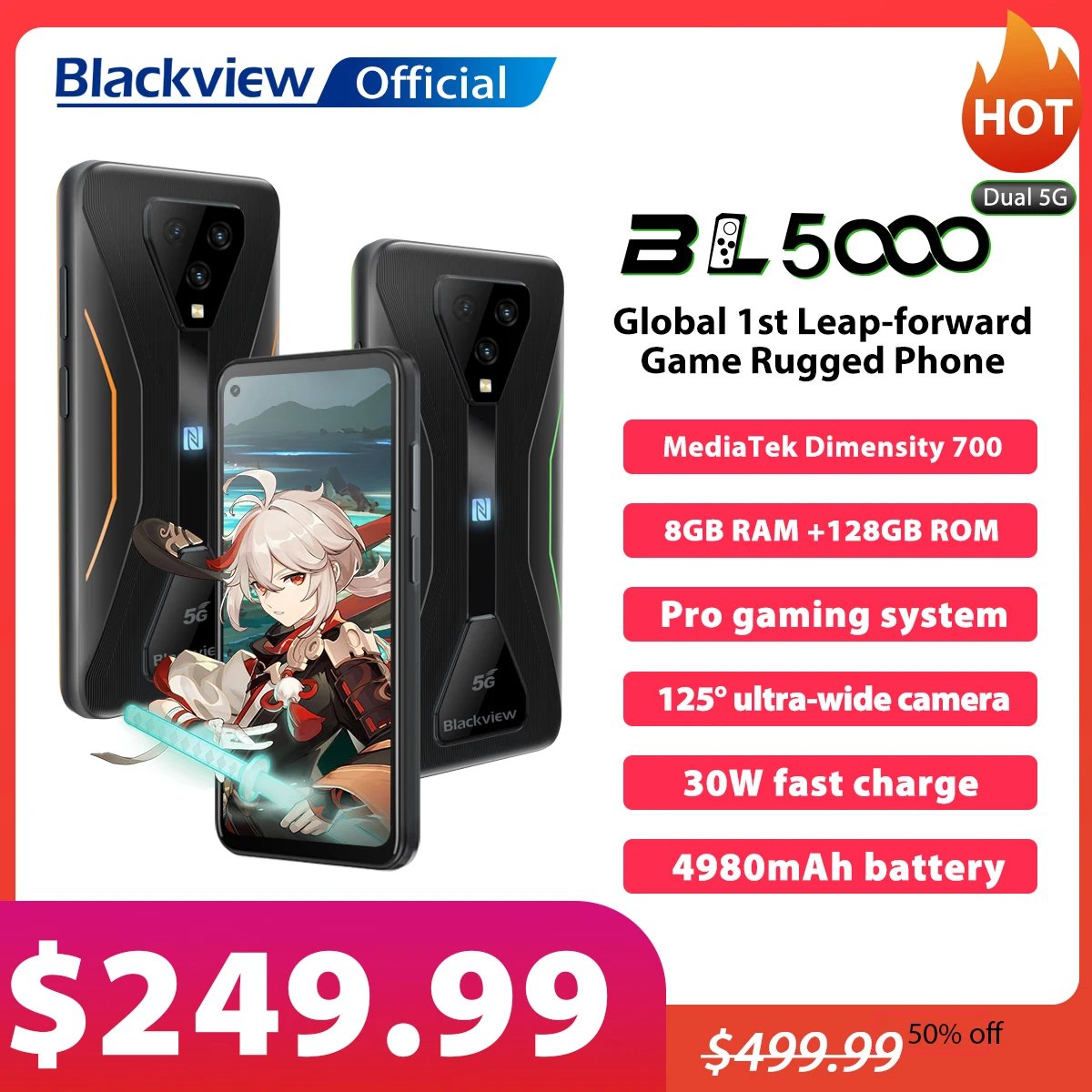 blackview bl5000 dual 5g smartphone ip68 waterproof 30w fast charge rugged gaming phone 8gb128gb 4980mah global mobile phone free global shipping