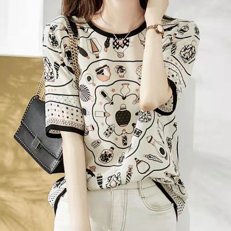 

Women Summer Style Chiffon Blouses Tops Lady Casual Short Sleeve O-Neck Printed Blusas Tops SP1523