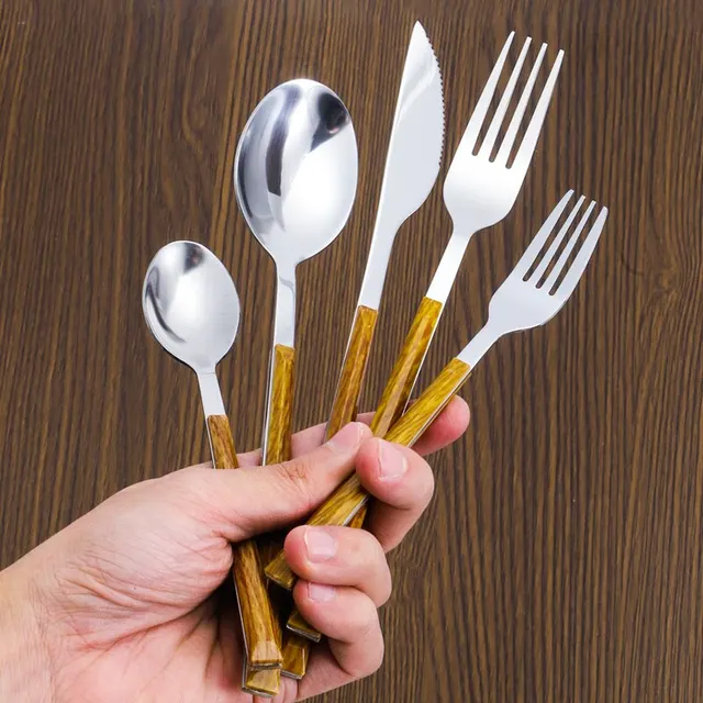 30pcs Stainless Steel Imitation Wooden Handle Cutlery Set Dinnerware Clamp Western Tableware Knife Fork Tea Spoon 4