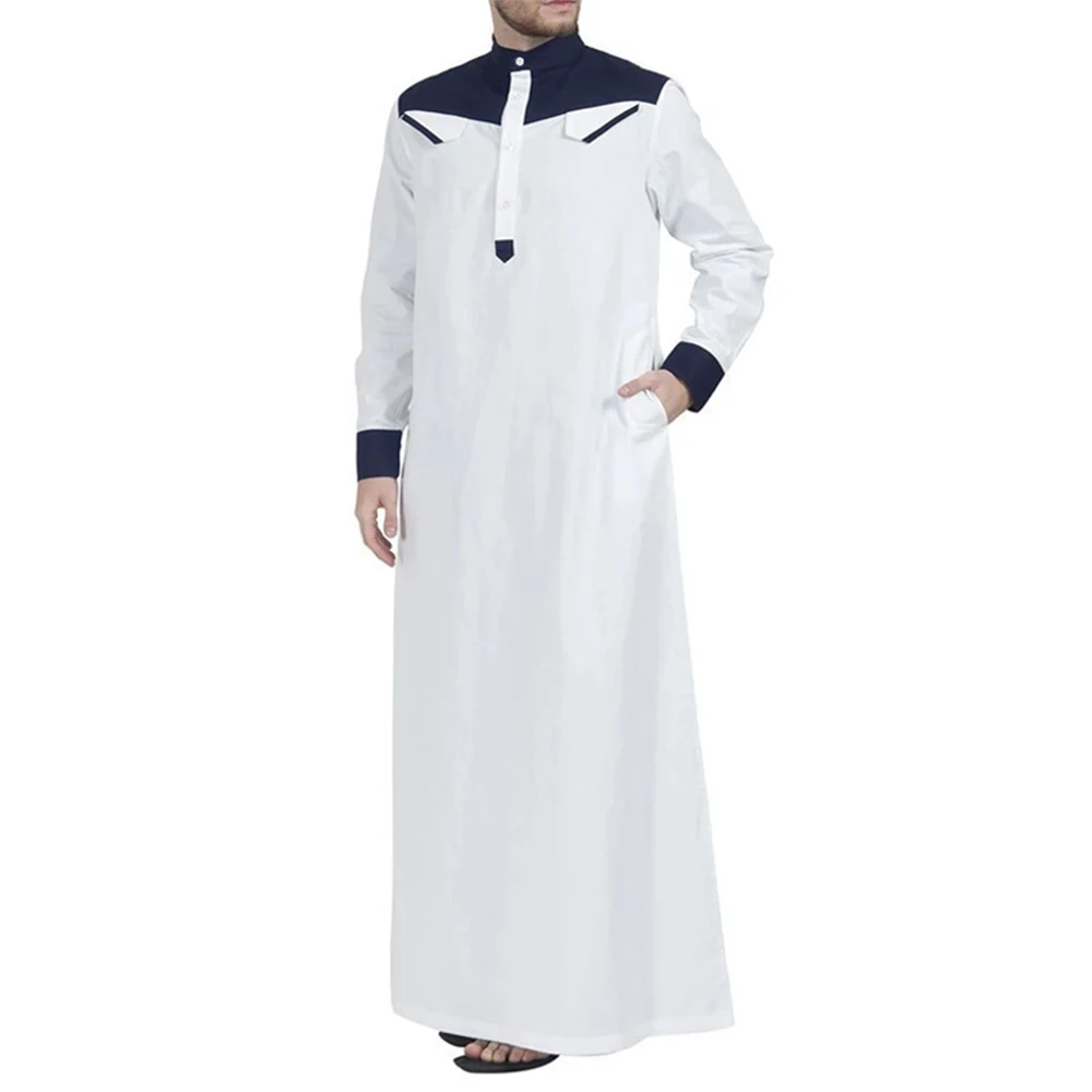 YUFEIDA Fashion Muslim Thobe Comfortable Men Caftan Long Patchwork Color Muslim Clothing Mandarin Neck Muslim Robe Middle East
