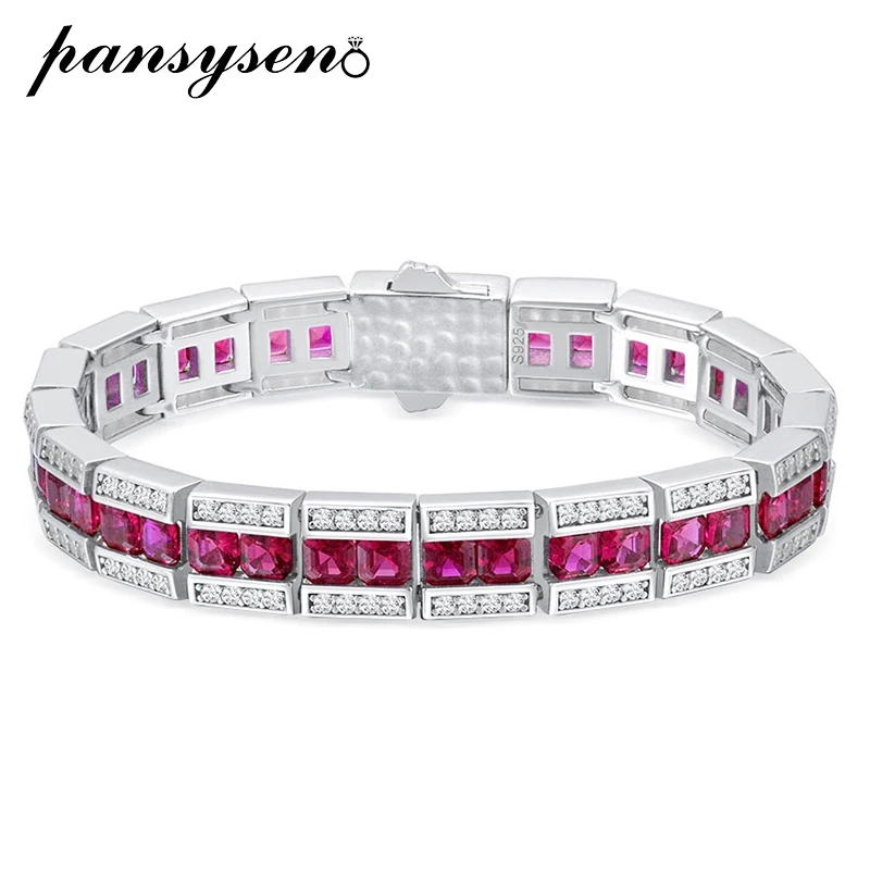 

PANSYSEN Vintage 100% 925 Sterling Silver 4mm Square Ruby Sapphire Gemstone Diamond Bracelet Bangle for Women Fine Jewelry Gift