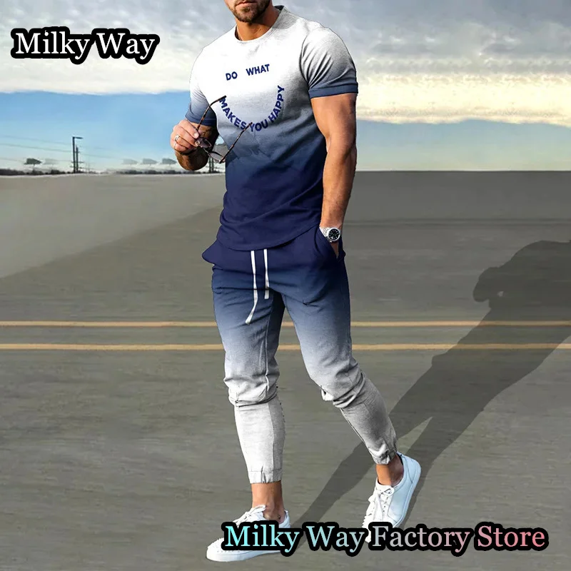 Summer Men Tracksuit 2 Pieces Gradient Color T-Shirt Trousers Set Casual Jogging Suit Fashion Outfit Male Smile Streetwear