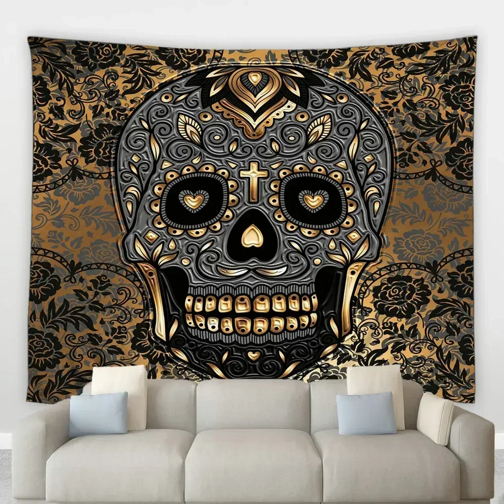 Сахарный Череп Хиппи Большой Гобелен Хэллоуин Мексиканский Скелет Растение