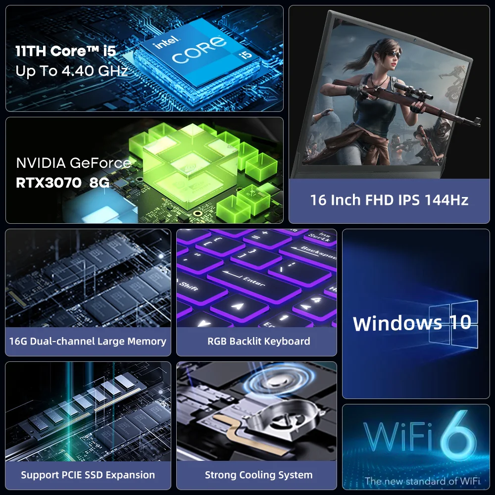 Игровой ноутбук Dere GT1, 16 дюймов, RTX 3070 8 ГБ, Intel Core i5-11400,16 ГБ ОЗУ + 512 ГБ SSD WIFI 6 IPS 144 Гц Windows 10, компьютерный ноутбук