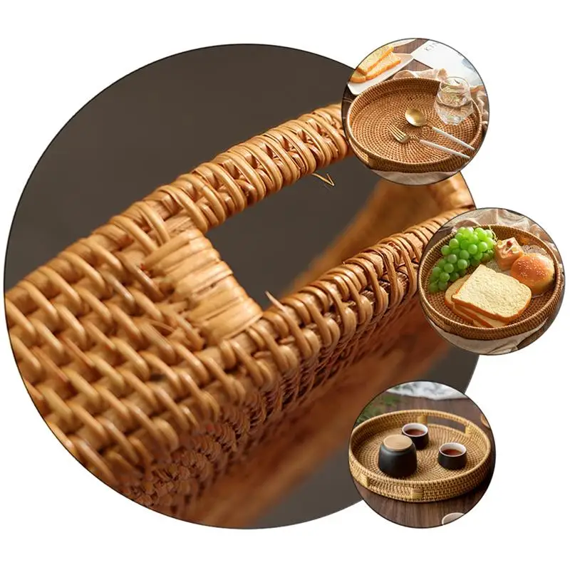 1Pc Vietnam Rattan Basket Tray Hand-Woven Storage Bread Living Room Fruit Plate Tea Withe Handle |