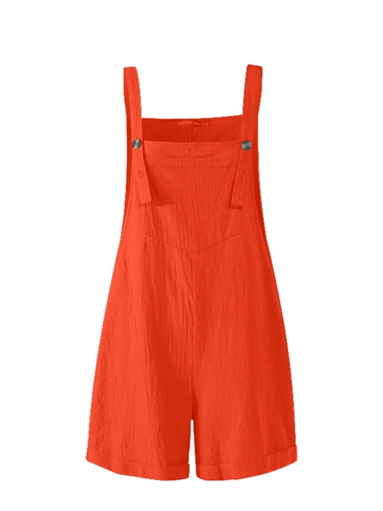 2023 Summer New Large Size Cotton and Linen Lace-up One-piece Straps Solid Color Buttons Comfortable Casual Women's Shorts