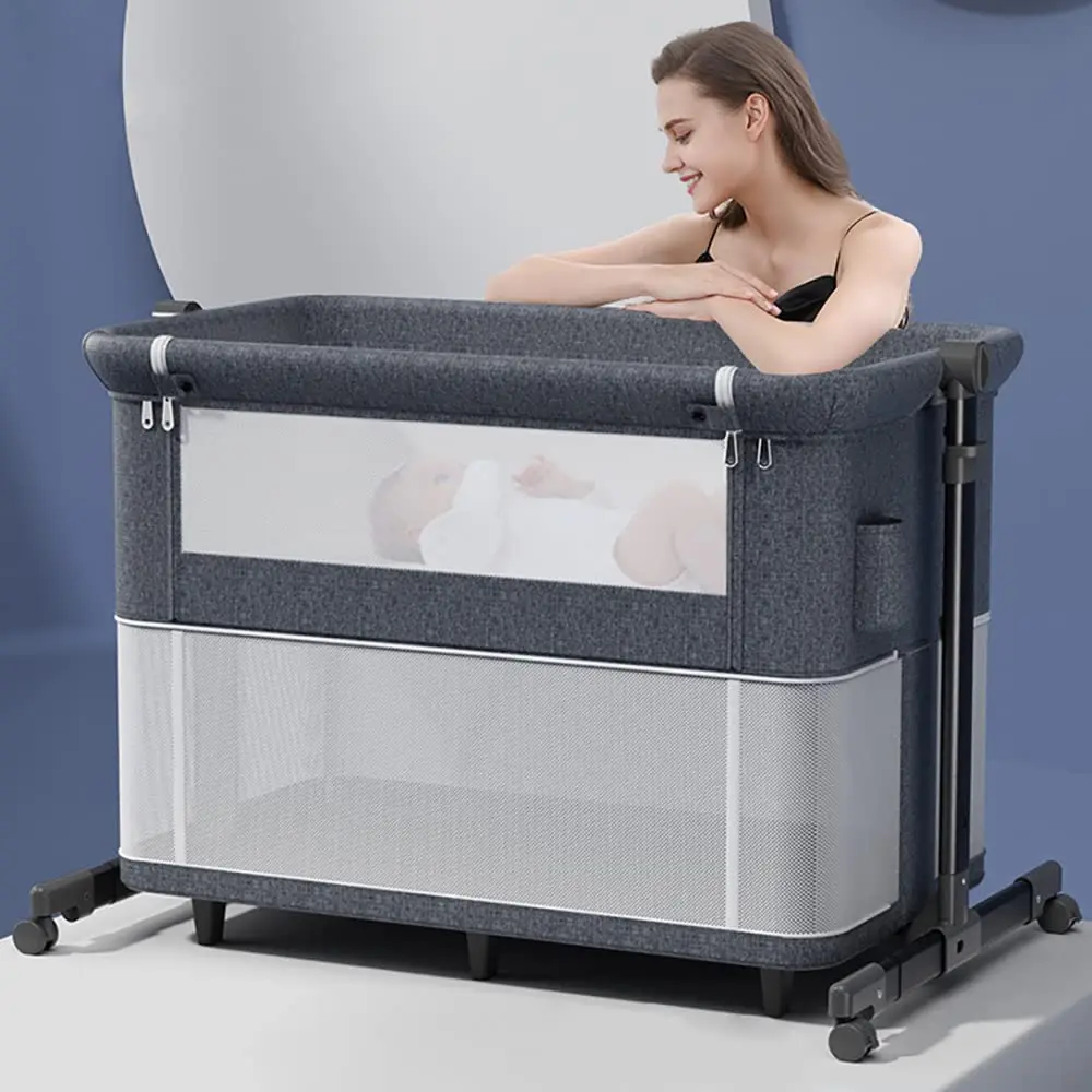 Baby cot Crib Bassinet with Cradle, Wheel, Convertible Playpen with Mosquito net and Bedding Set Height Adjustment and Mattress