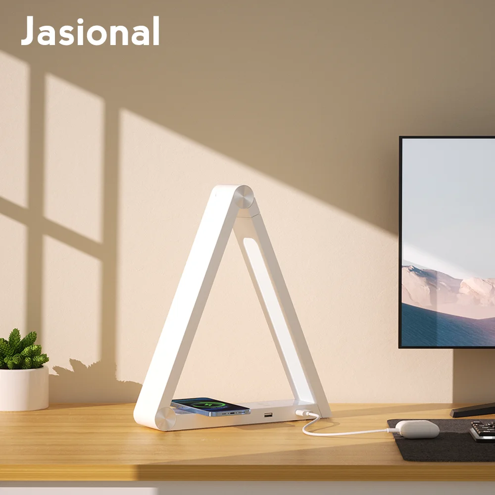 

JASIONAL 10W Qi Wireless Charging LED Table Lamp with 2 USB Ports Dimmable Office Desk Bedside Triangle Room Decor Night Light