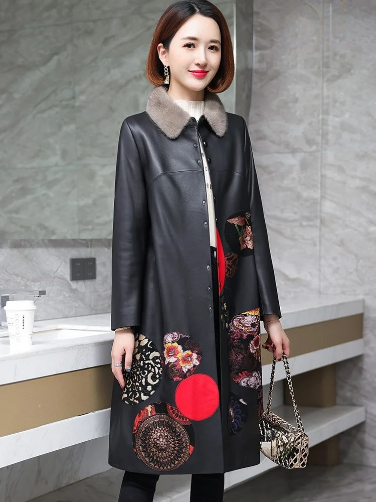 

2023 Winter 100% Real Sheepskin Leather Coat Women Long Down Jackets Mink Fur Collar Coats Floral Printed Casaco Feminino