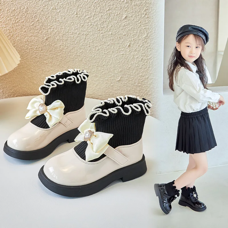 New Arrival Kids Girls Short Ankle Boots Autumn Children Shoes Bowtie Fashion Booties 2-9y Black White 88802 images - 6