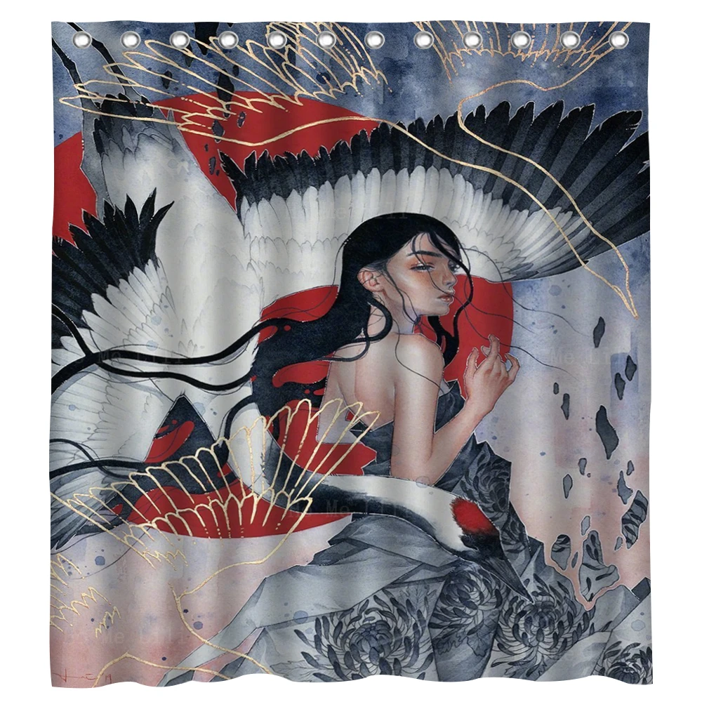 

Female And Animal Fantasy Art Women Crane Ostrich Mystic Watercolor Style Shower Curtain By Ho Me Lili For Bathroom Decor