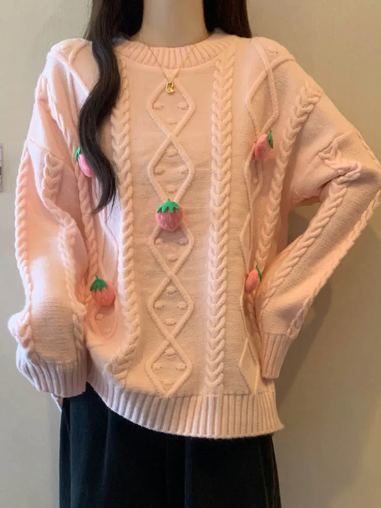 Съемный трехмерный клубничный пуловер для отдыха вязаный свитер новинка 2024