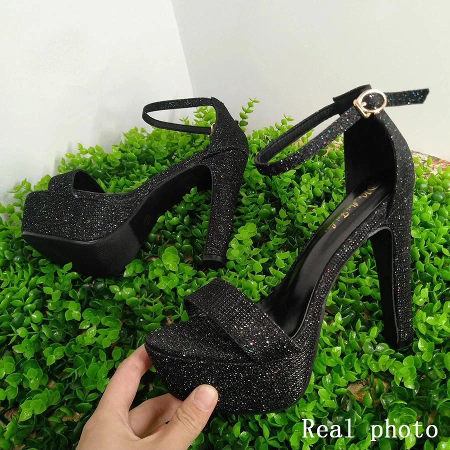 New Summer Women High Heels Wedding Party Sandals Open Toe Ankle Strap Chunky Heels Sequins Platform Sandals Diamond Shoes images - 6