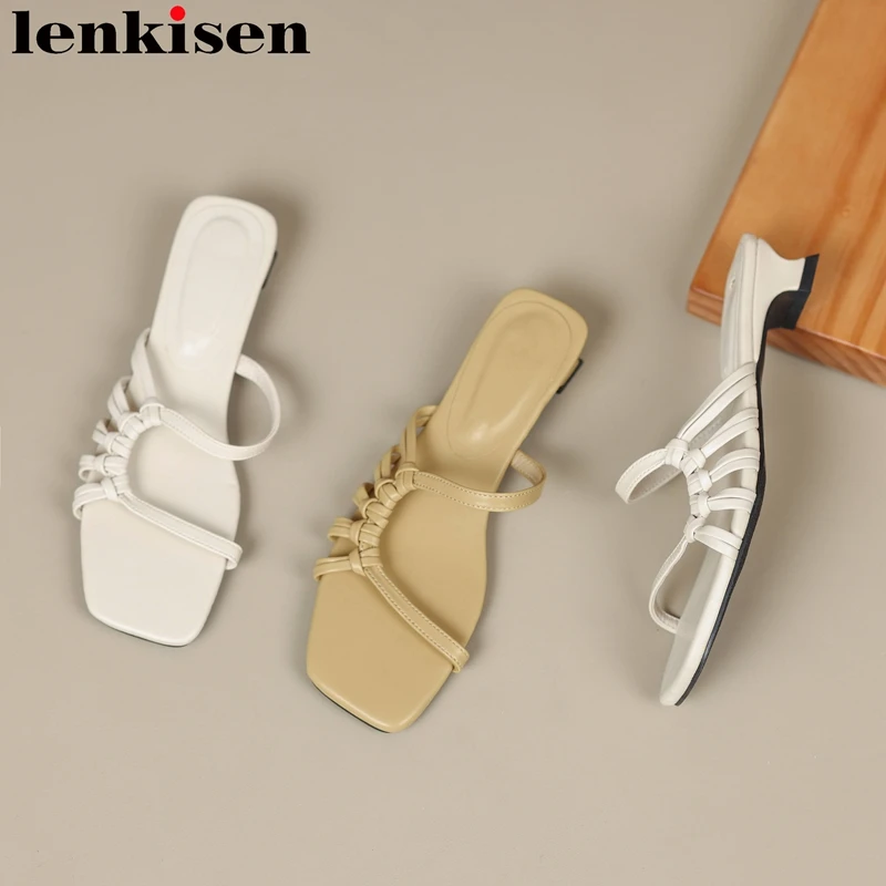 

Lenkisen Cow Leather Slip On Flip Flops Mules Concise Peep Toe Summer Shoes Low Heels Ins Office Lady Slingback Women Sandals